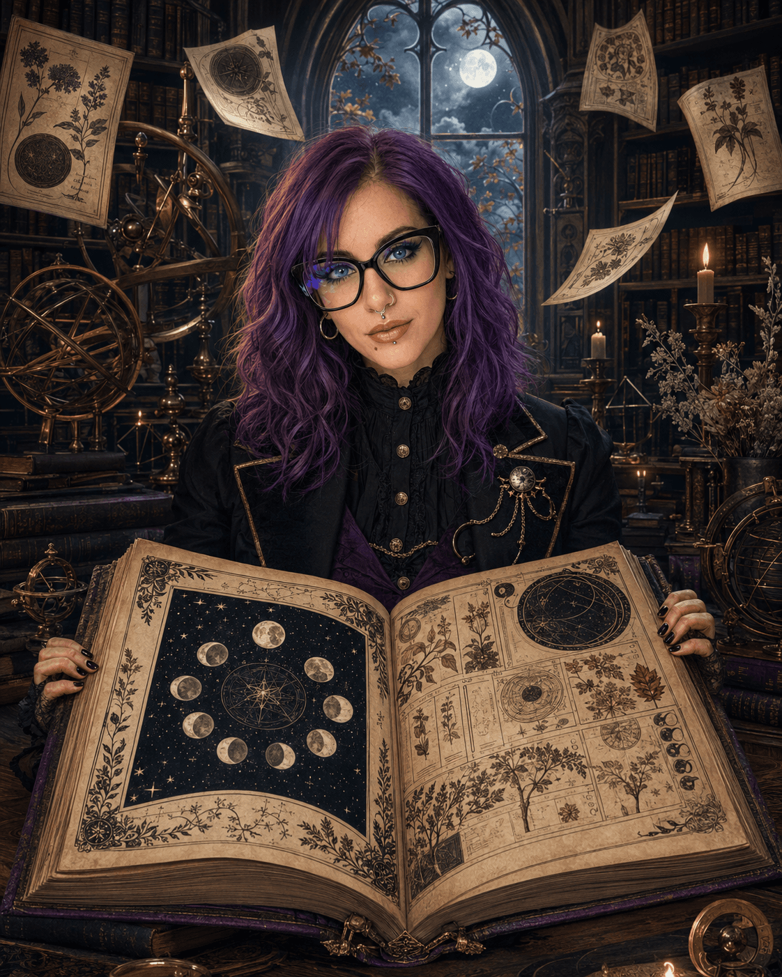 Aster, the almanac keeper, studying an illuminated celestial volume