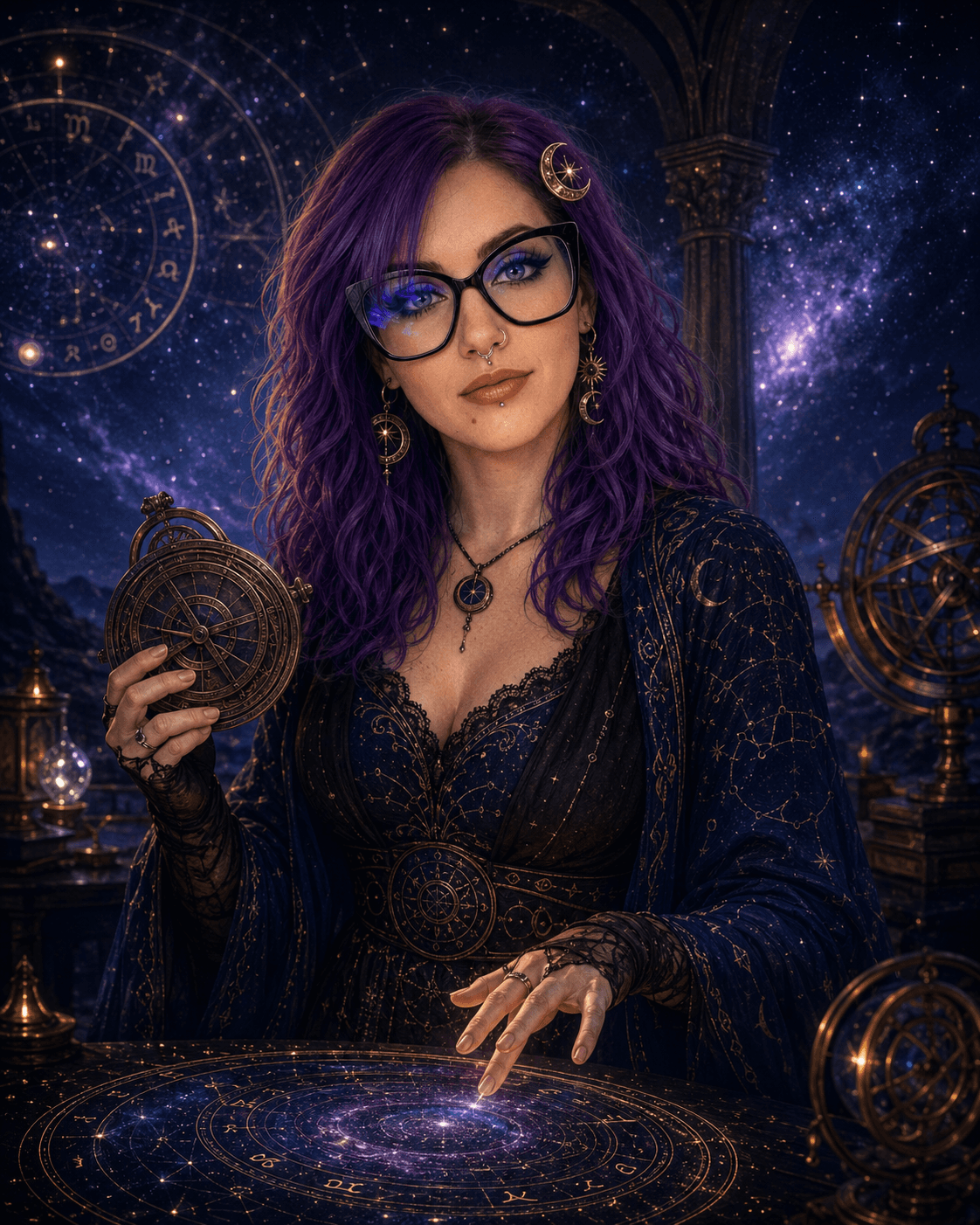 Cosmos, the astrologer, reading a celestial chart beneath the stars